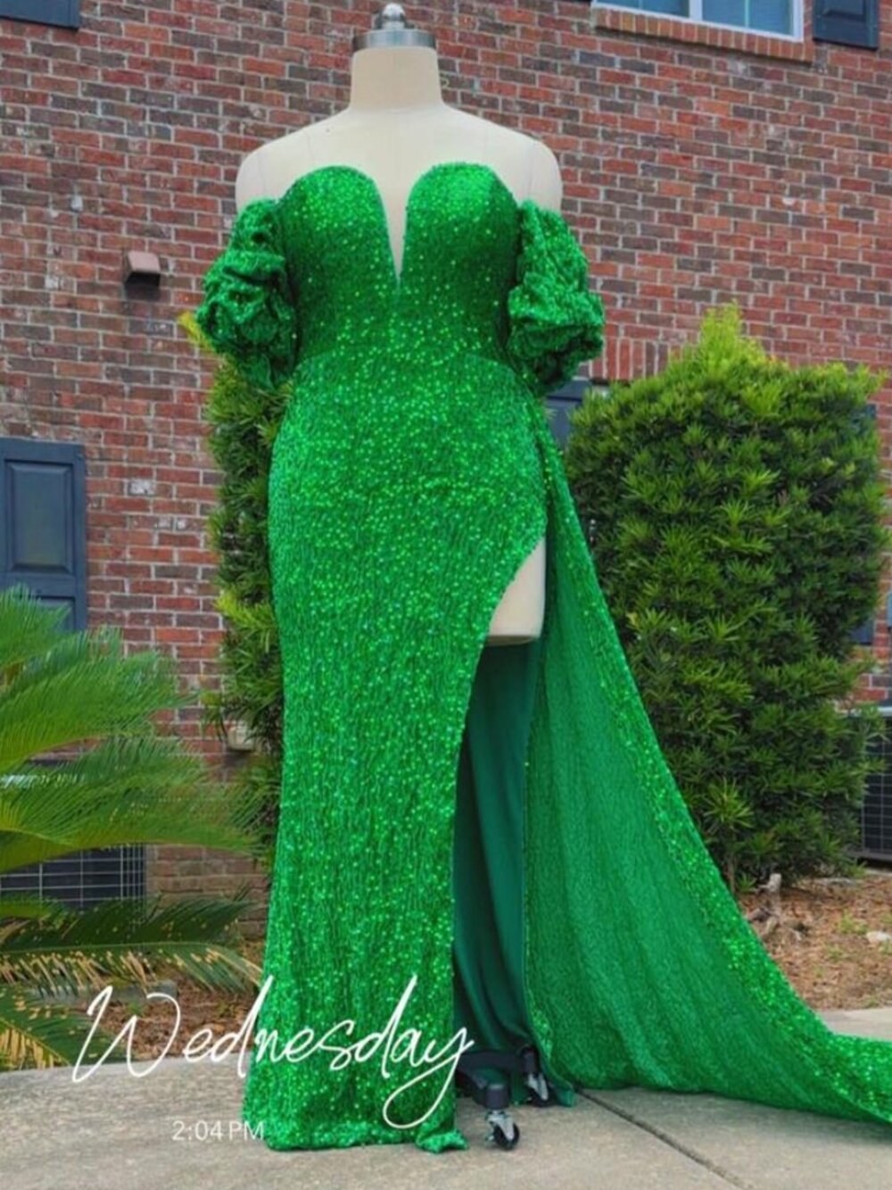 Green Stretch Sequin Velvet Gown w/ Detachable Puff Sleeves